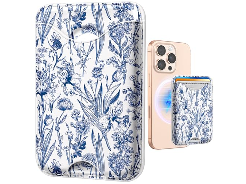 Magnetic Card Holder Wallet for iPhone - Blue Flower Pattern Fits 3 C