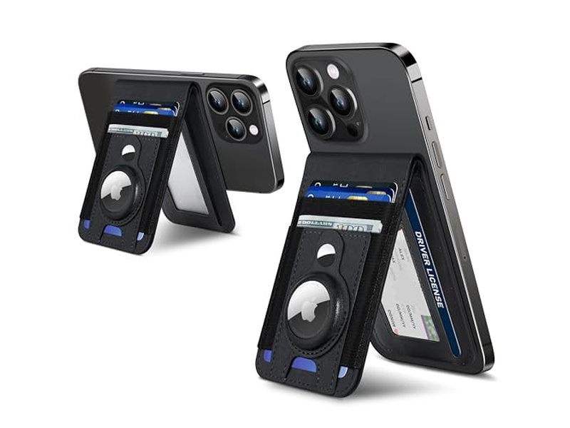 Magnetic Wallet Stand with Airtag Holder ID Window 4 Card Slots RFI