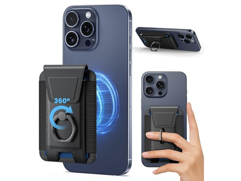 Magnetic Wallet with Adjustable 360degree Ring and RFID Blocking Flap