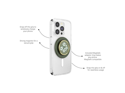 Phone Grip with Kickstand Magnetic Stand Swappable Top Green Flower